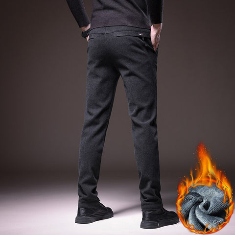 Men's Warm Fleece Casual Pants Men Zipper pocket Business