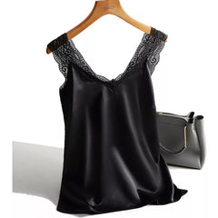 Lace Strap V Neck Sleeveless Satin Mesh Silk Tank Tops