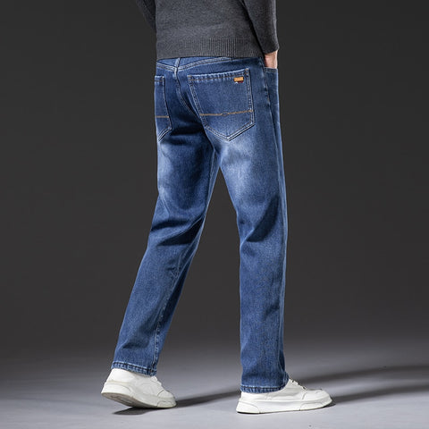 Jeans For Men Thick Fleece Loose Straight Warm Elastic Denim Pants