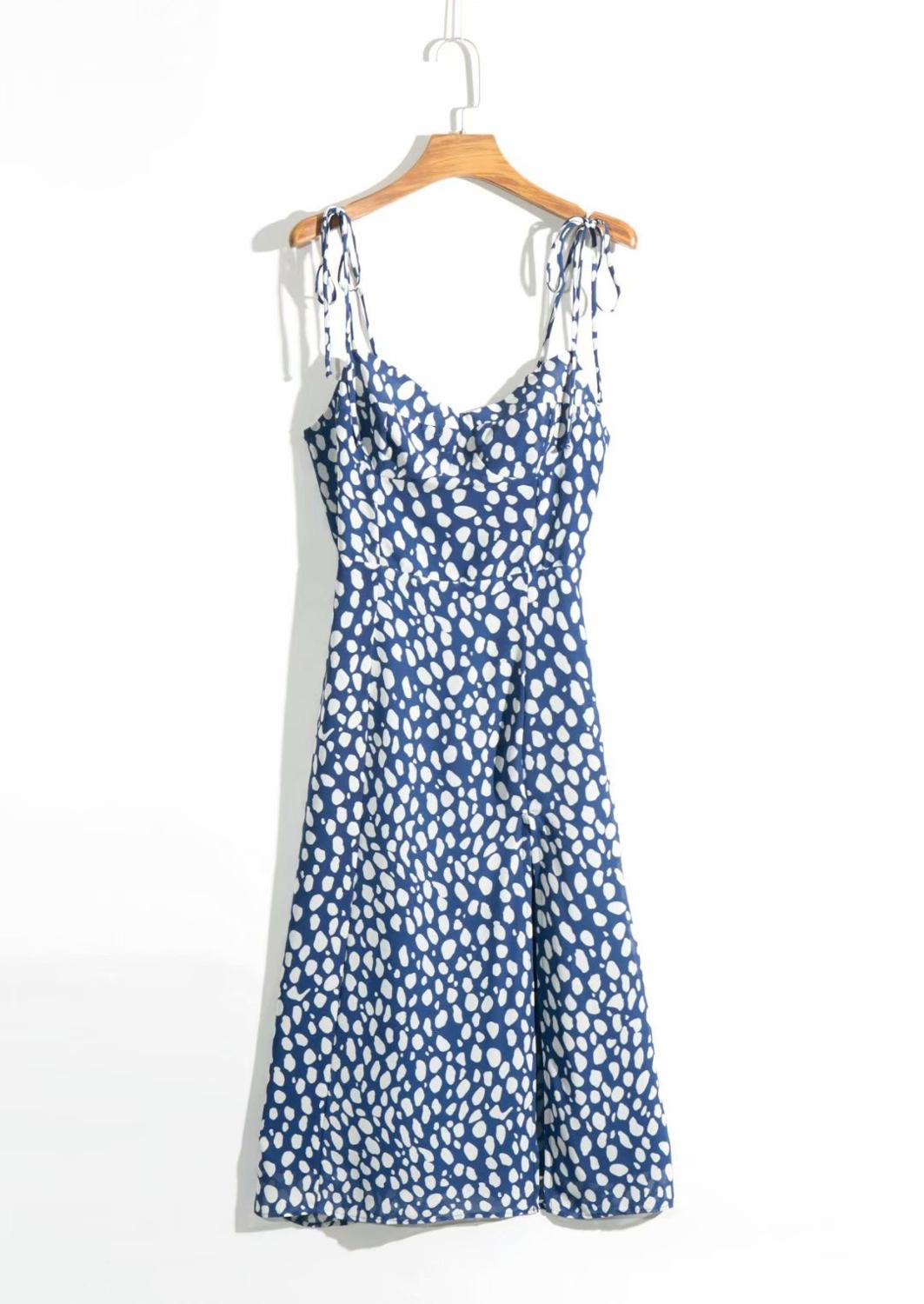 Elegant Adjust Spaghetti straps Blue Leopard Print midi dress