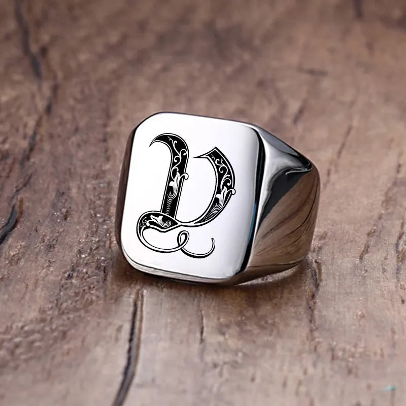 Retro Initials Signet Ring for Men 18mm Stamp Stainless Steel Jewelry