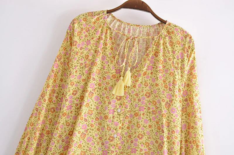 Boho Tops Vintage Yellow Floral Print Tassel Loose Blouses