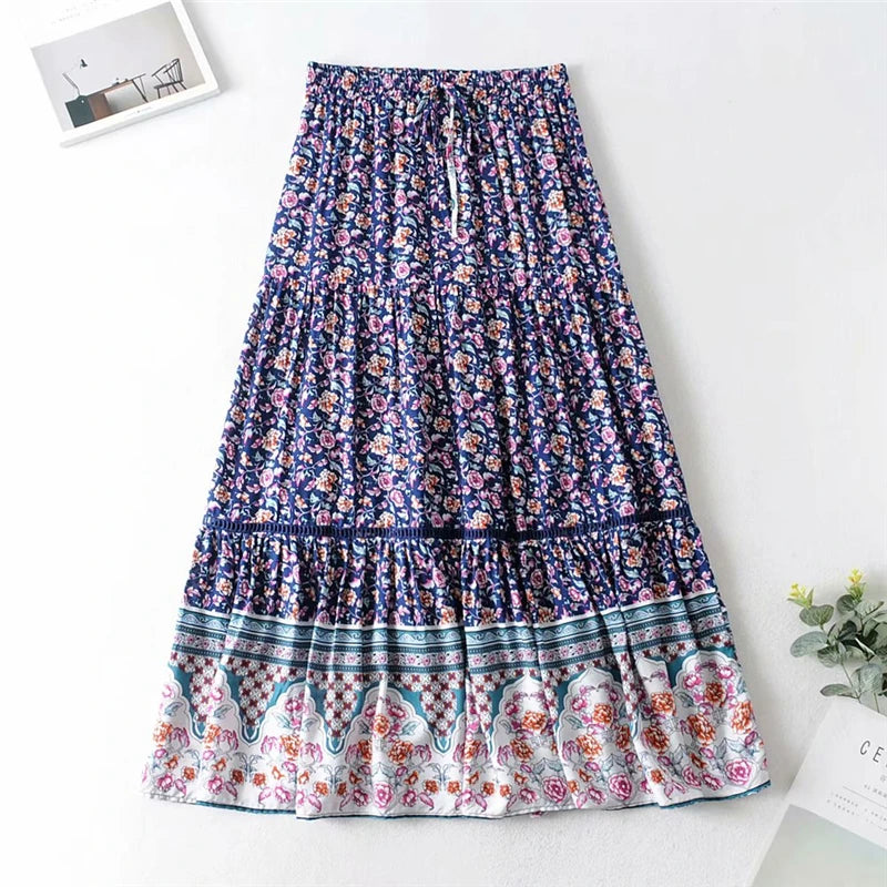 Fashion Hippie Floral Print Beach Bohemian Pleated Skirt A-Line Maxi Skirt