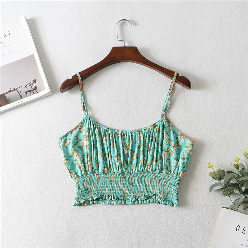 Floral Print Two Piece Outfits Strap Sleeveless Tops Bohemian