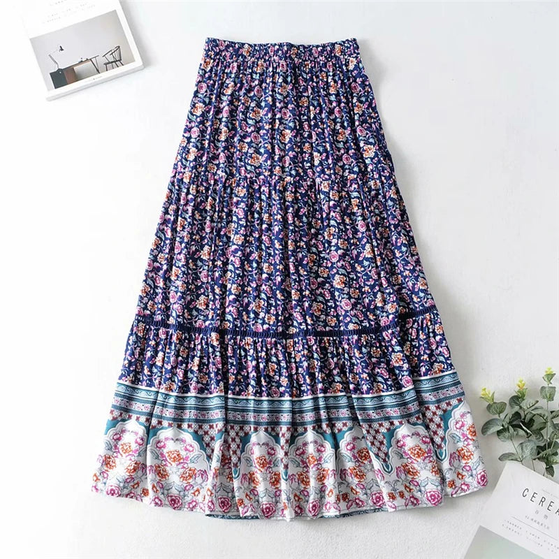 Fashion Hippie Floral Print Beach Bohemian Pleated Skirt A-Line Maxi Skirt