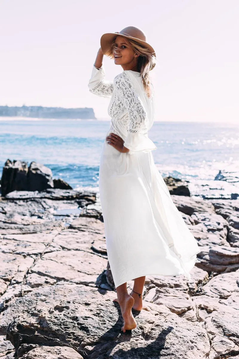 long sleeve beach cover vintage lace white summer dress