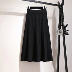 Elegant Midi Pleated Knitted Knee Length a line High Waist Skirt