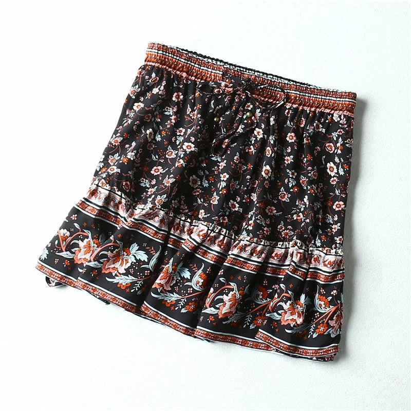 Floral Printed Beach Bohemian  Rayon Elastic Waist Mini Boho Skirts