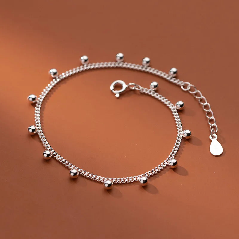 Silver Minimalist Glossy Bead Link Chain Charm Bracelet Anklet