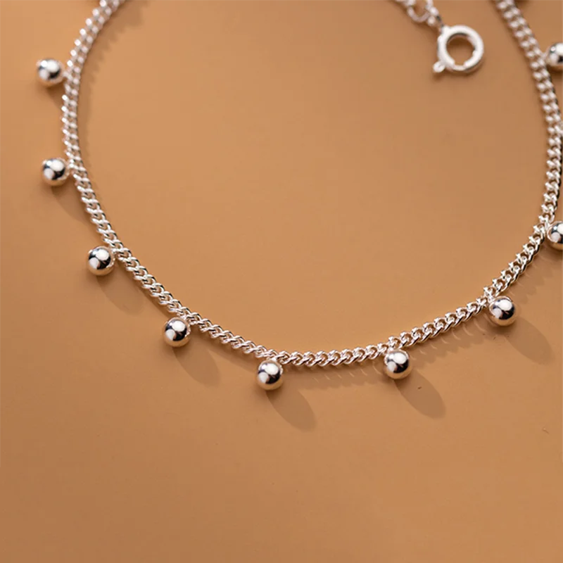 Silver Minimalist Glossy Bead Link Chain Charm Bracelet Anklet