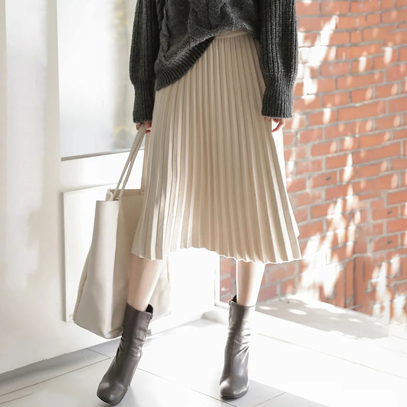 Elegant Midi Pleated Knitted Knee Length a line High Waist Skirt