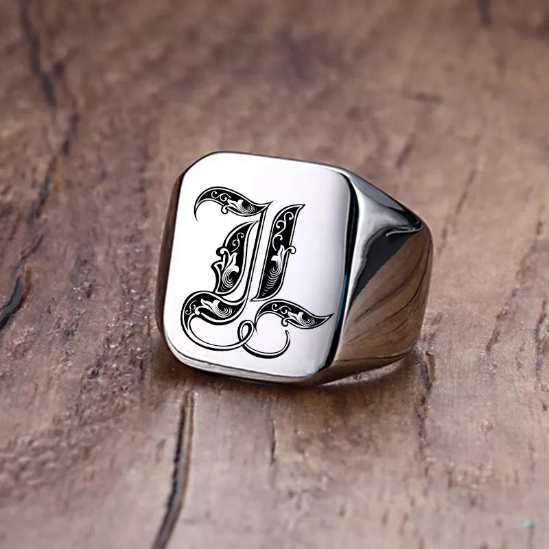 Retro Initials Signet Ring for Men 18mm Stamp Stainless Steel Jewelry