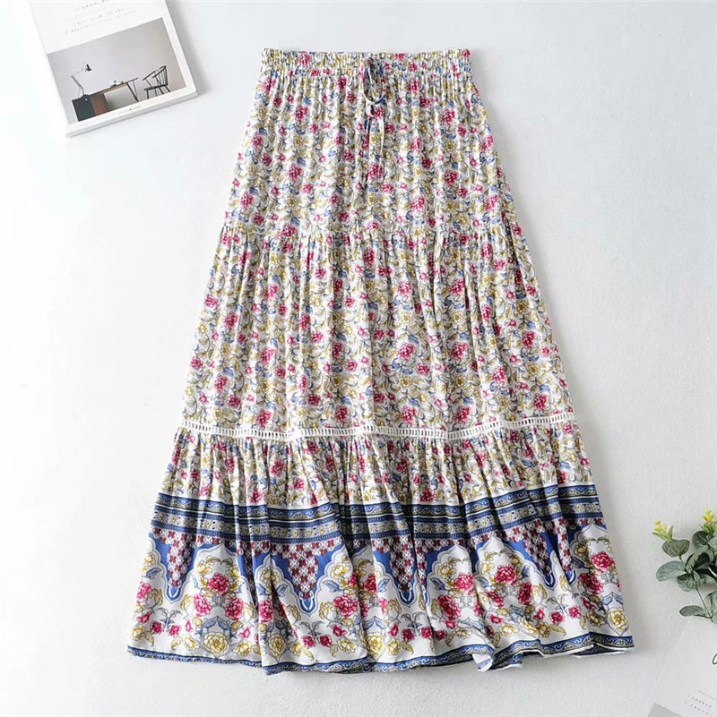 Fashion Hippie Floral Print Beach Bohemian Pleated Skirt A-Line Maxi Skirt