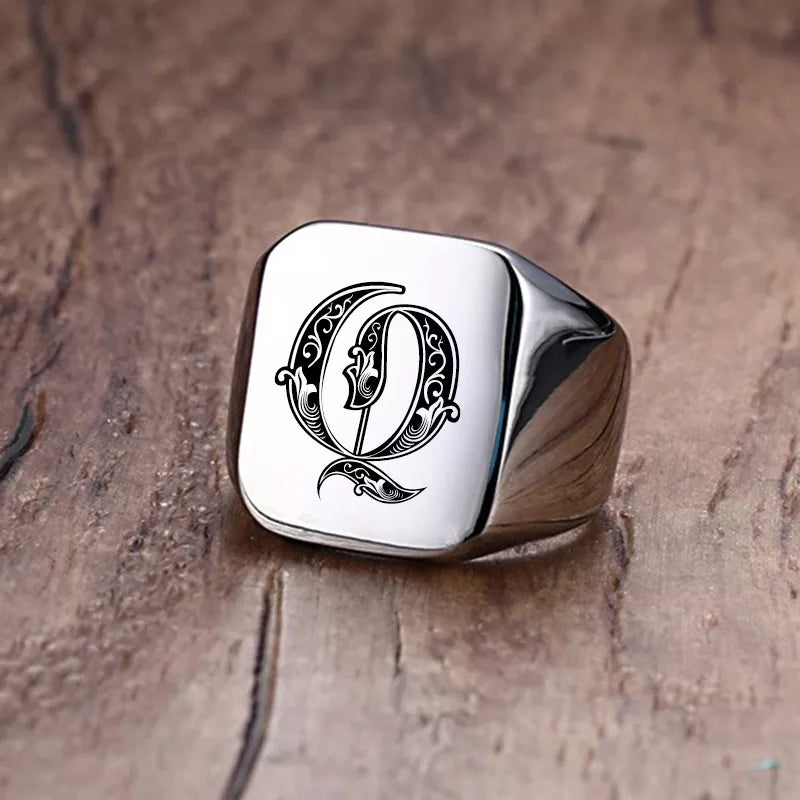 Retro Initials Signet Ring for Men 18mm Stamp Stainless Steel Jewelry