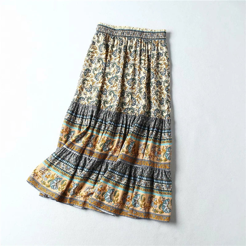 Gothic Floral Peacock Printed High Elastic Waist Bohemian Skirt