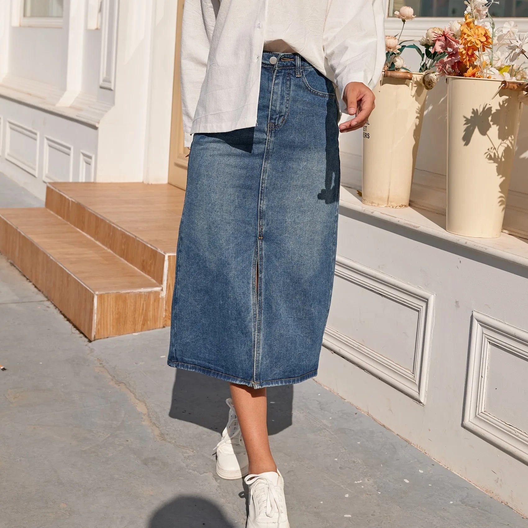 High Waist Straight Denim Vintage Split Pencil Jean Skirt