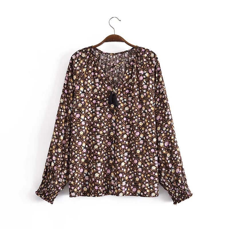 Boho Tops Vintage Leopard Floral Print Tassel Loose Blouses