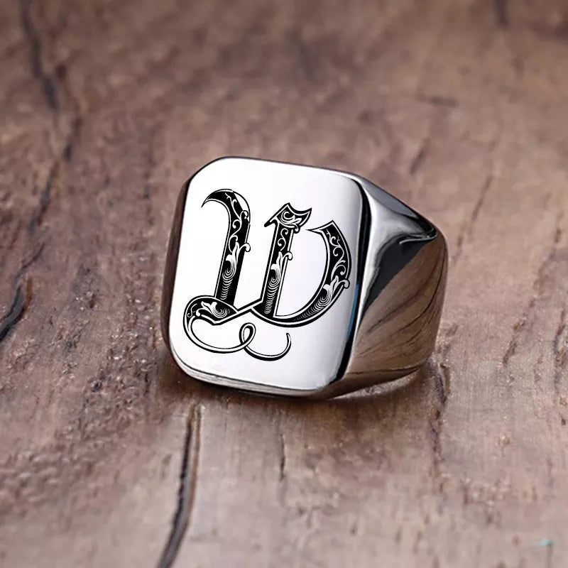 Retro Initials Signet Ring for Men 18mm Stamp Stainless Steel Jewelry