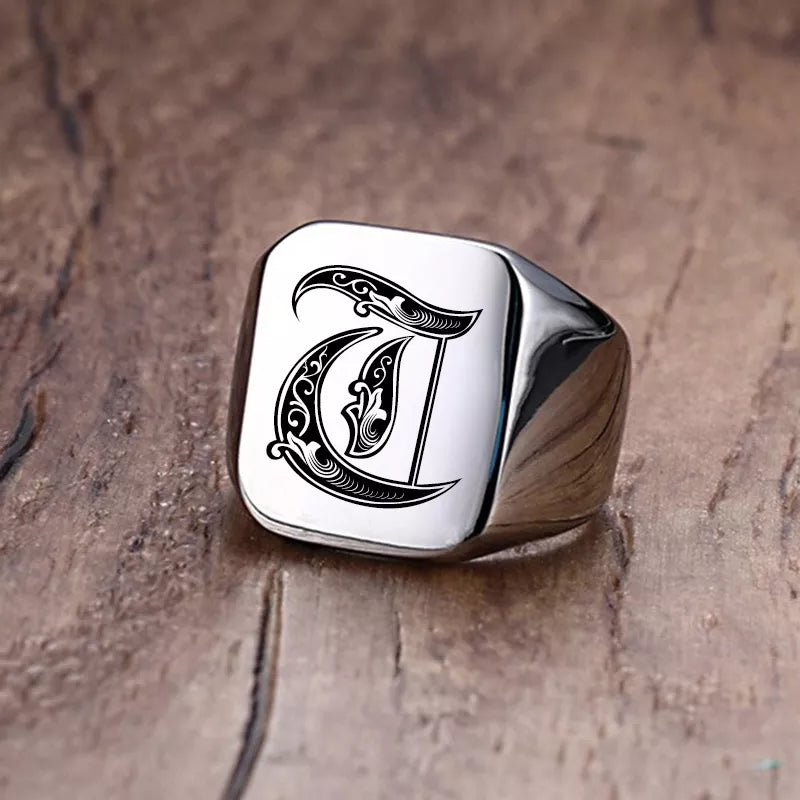 Retro Initials Signet Ring for Men 18mm Stamp Stainless Steel Jewelry