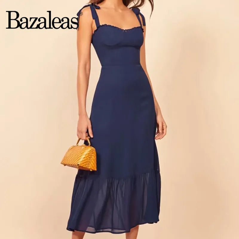 Vestidos Casual Ruffle Navy Spaghetti Strap Dresses