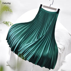 Pleated Solid Casual High Waist Twill A-Line Midi Long Skirts