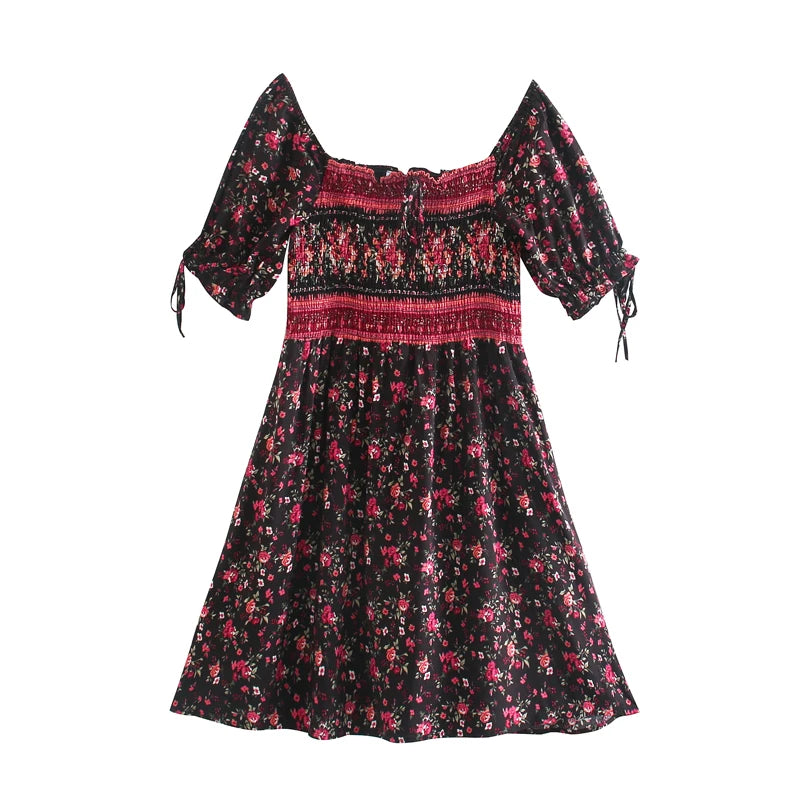 Floral Print Bohemian Mini Dress Ladies Short Sleeve Square Collar