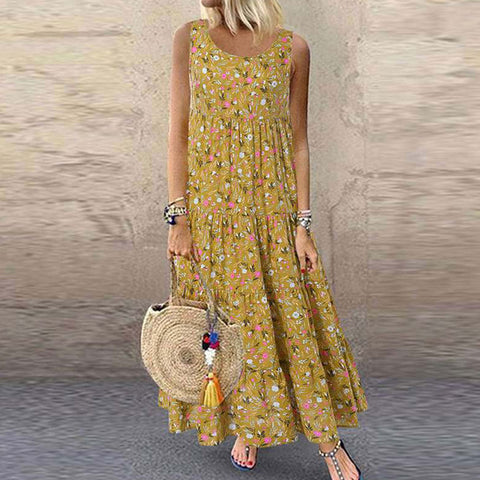 Bohemian Maxi Dress Casual Vintage Sleeveless O Neck Floral Print