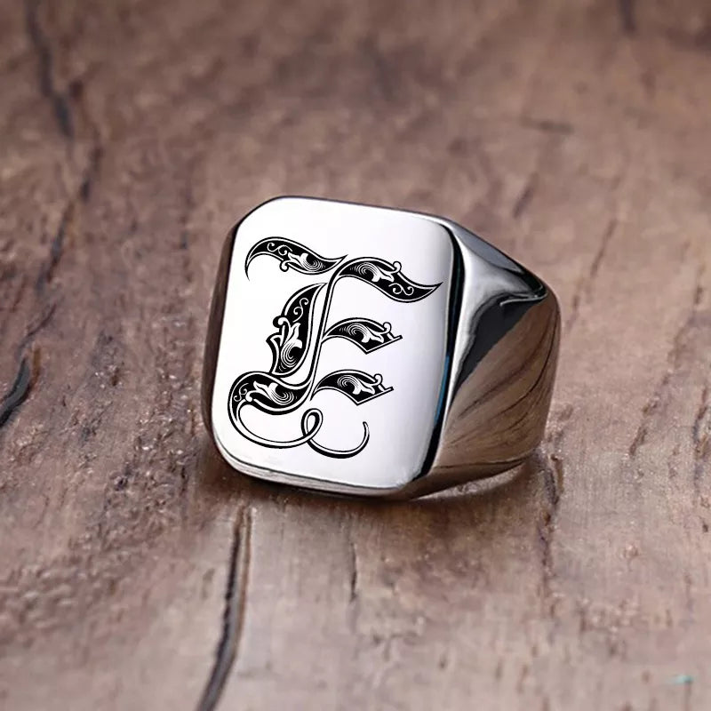 Retro Initials Signet Ring for Men 18mm Stamp Stainless Steel Jewelry