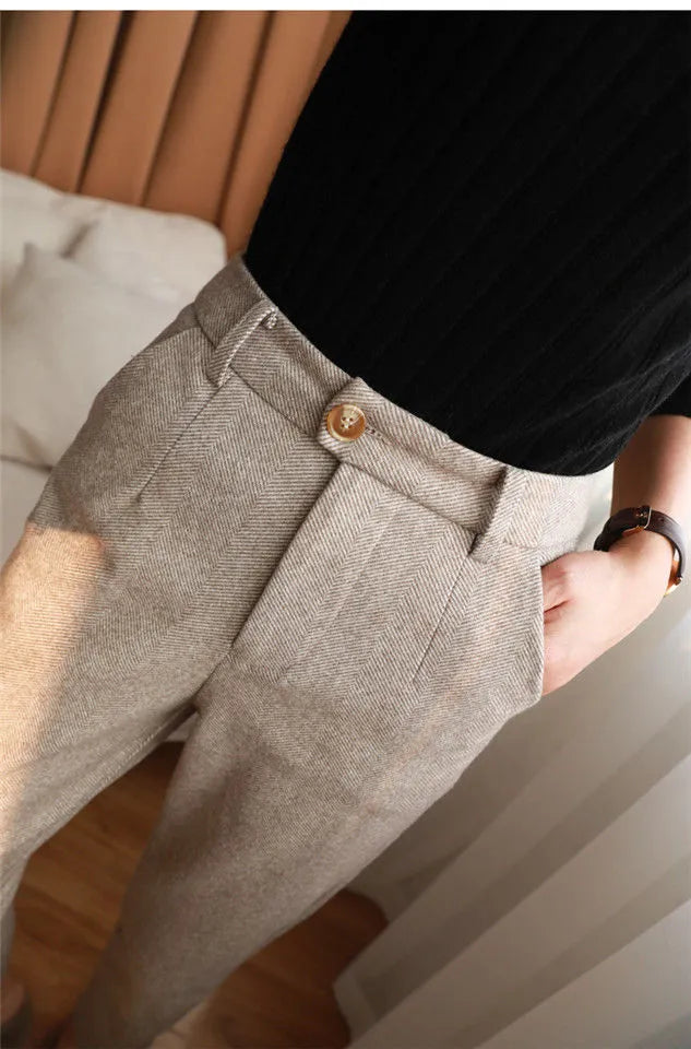 Woolen Pants Women's Harem Pencil Pants High Waisted Casual Suit