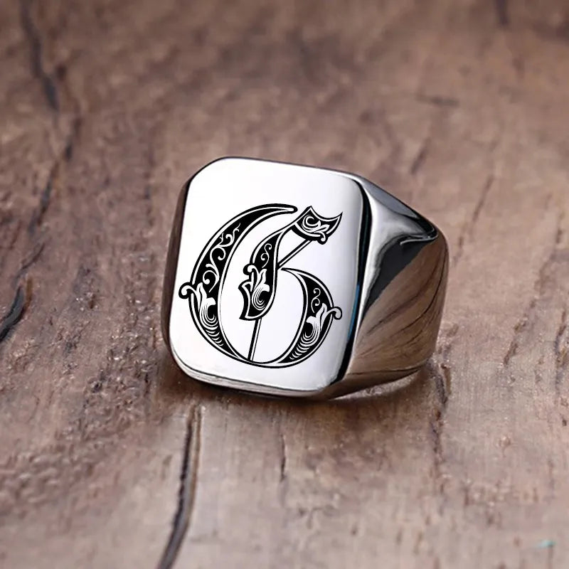 Retro Initials Signet Ring for Men 18mm Stamp Stainless Steel Jewelry