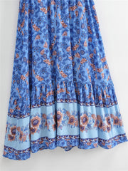 Boho Floral Print  V-neck Sashes Bohemian Midi Dress