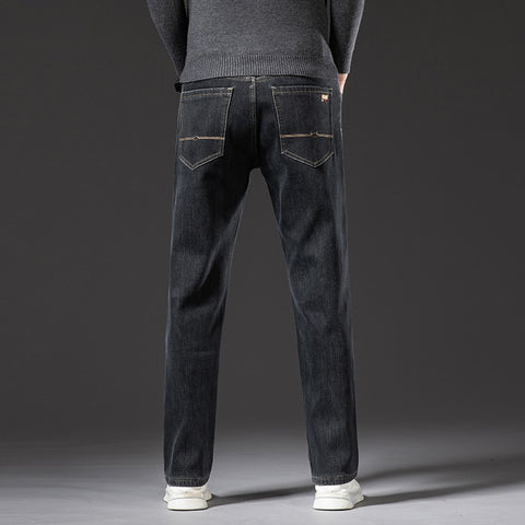Jeans For Men Thick Fleece Loose Straight Warm Elastic Denim Pants