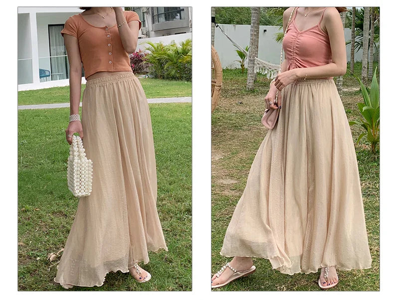 Solid Color Long High Waist Chiffon Beach A-Line Skirts