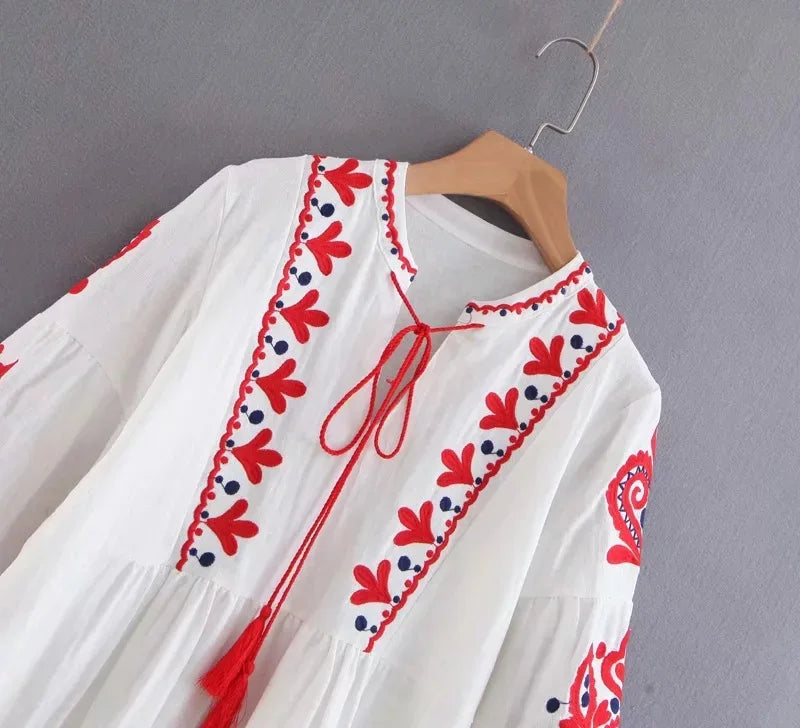 Bow Tie Ethnic Lantern Sleeve Embroidered Floral Cute Dresses