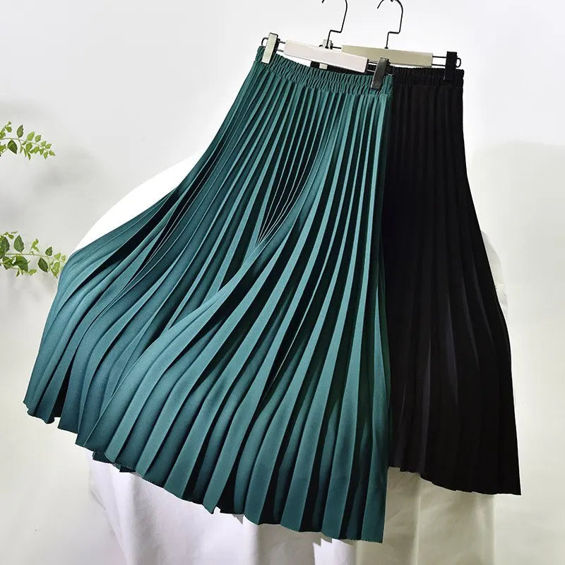 Solid Color Midi Long High Waist Pleated  A-Line Skirts