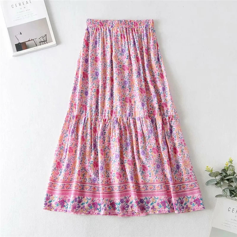 Fashion Beach Bohemian Pink Floral Print Skirt High Elastic Waist