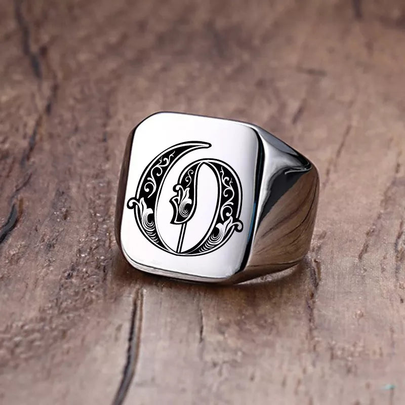 Retro Initials Signet Ring for Men 18mm Stamp Stainless Steel Jewelry