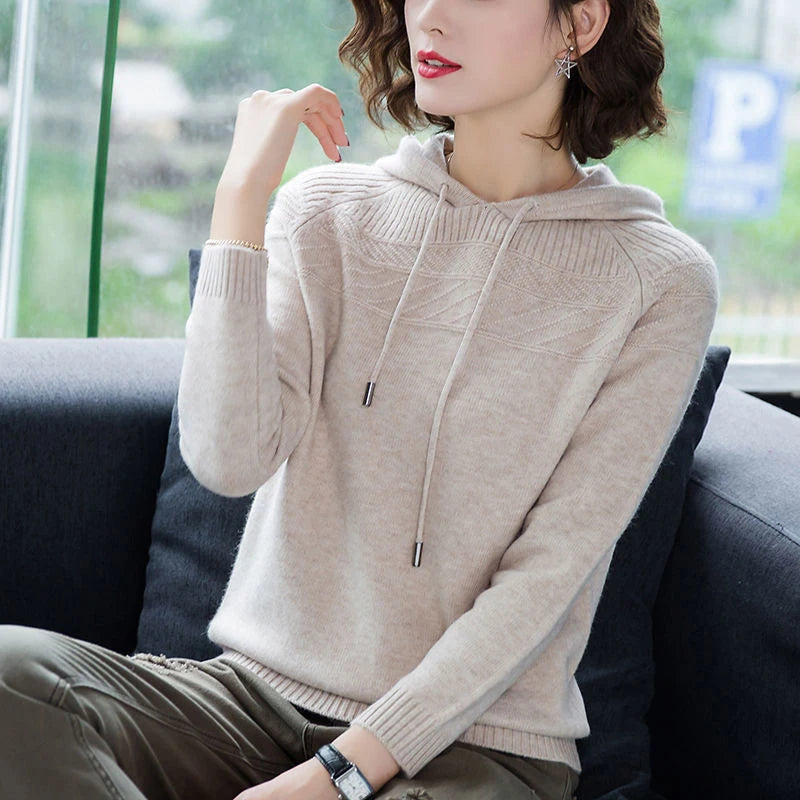 Slim Knitted Hooded Sweaters For Women Classic Pullover Oversized