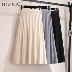 Elegant Midi Pleated Knitted Knee Length a line High Waist Skirt