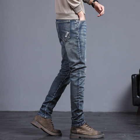 Men's Jeans Vintage Blue Solid Color Elastic Classic