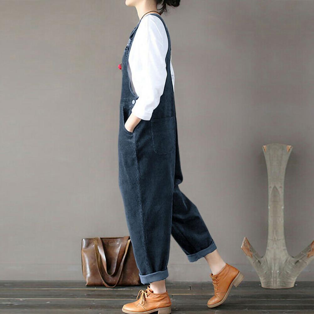 Corduroy Women Wide Leg Overalls Solid Color Wide Leg Jumpsuit