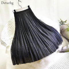 Women's Elegant Dot Print Midi Tulle Skirt High Waist 3 Layer