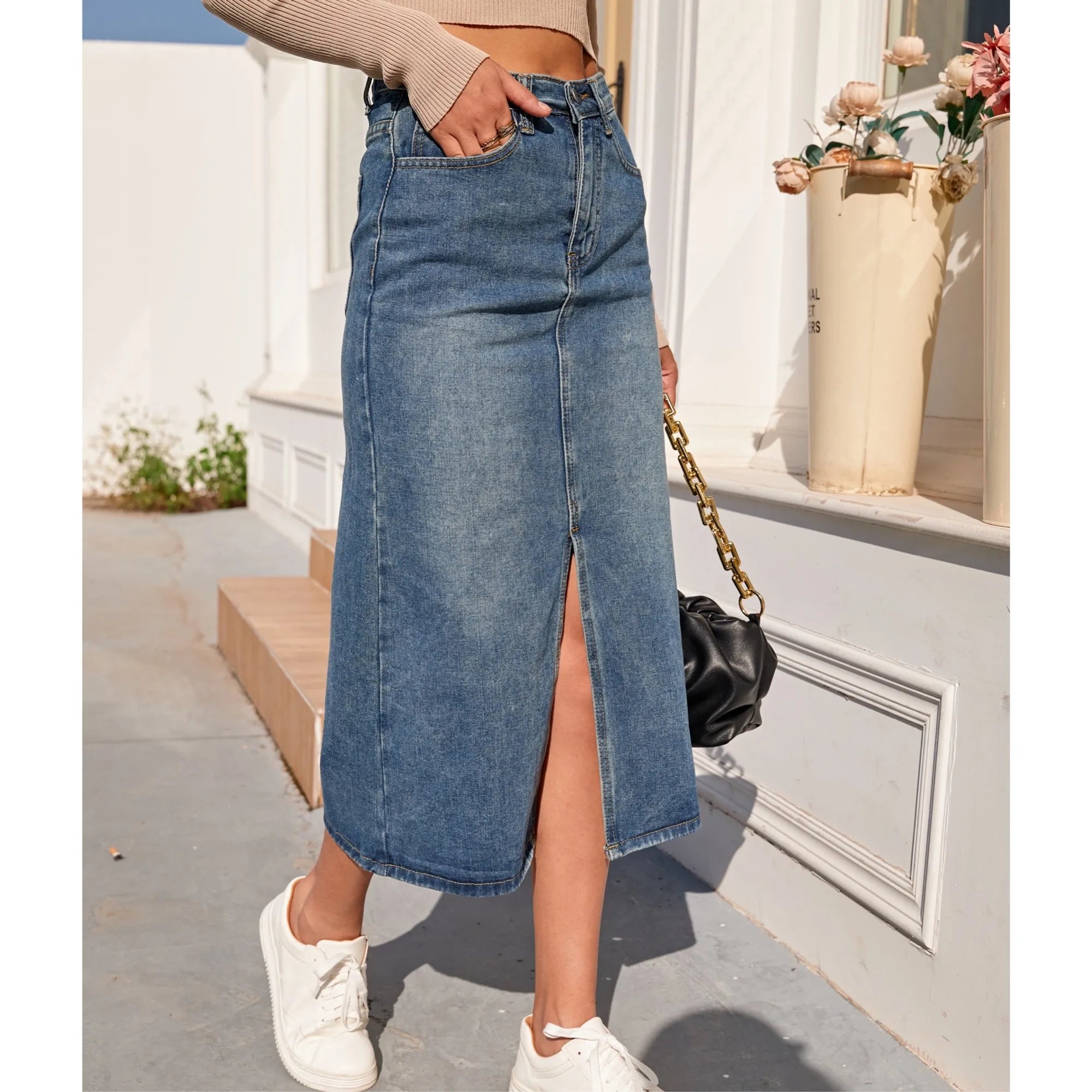 High Waist Straight Denim Vintage Split Pencil Jean Skirt