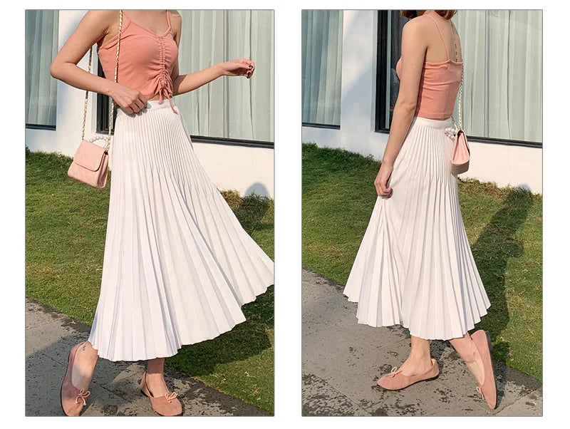 Solid Color Midi High Waist Pleated Twill Skirts