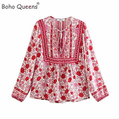 Boho Happie Fashion Floral Printed V-neck Lace-up Blouse
