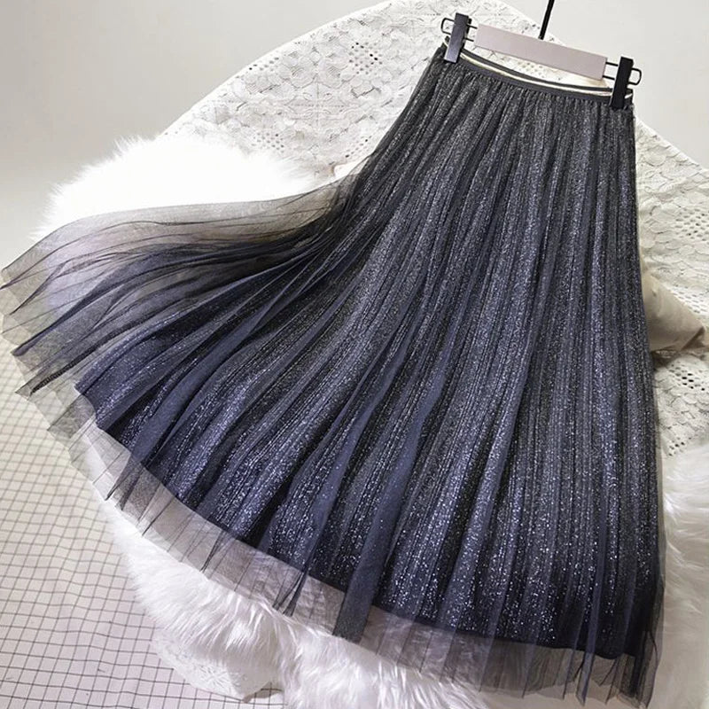 Mesh Skirt With Bright Liner Female High Waist Pleated A-Line