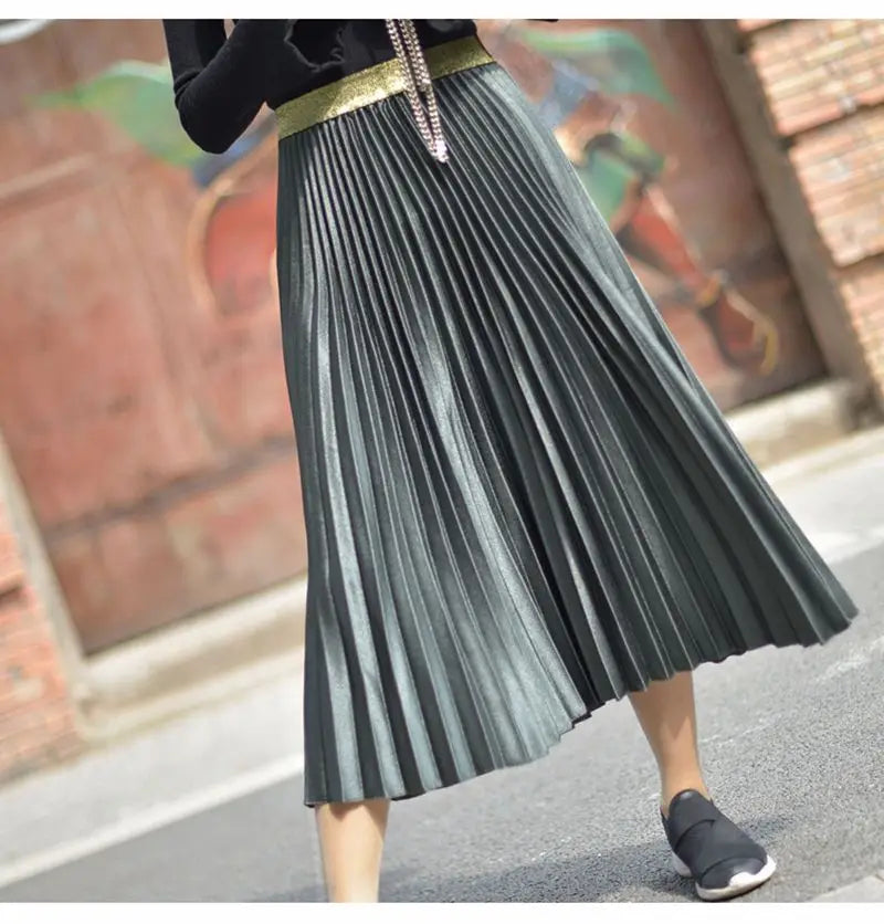 Women's Fashion Solid Color Midi Skirt Ladies Elastic High Waist