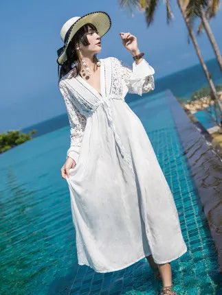 long sleeve beach cover vintage lace white summer dress