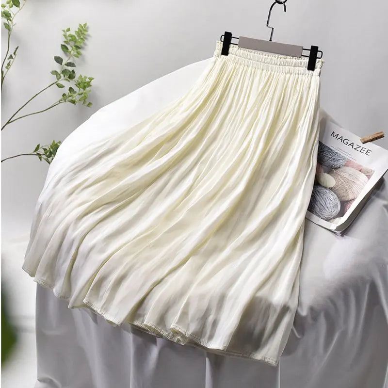 Pleated Matt Midi Skirt Female High Waist Solid Color Side Pockets