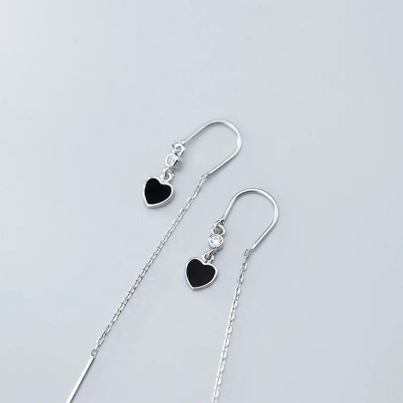 Hoop Earrings For Women Silver 925 Black Heart U Design Tassel